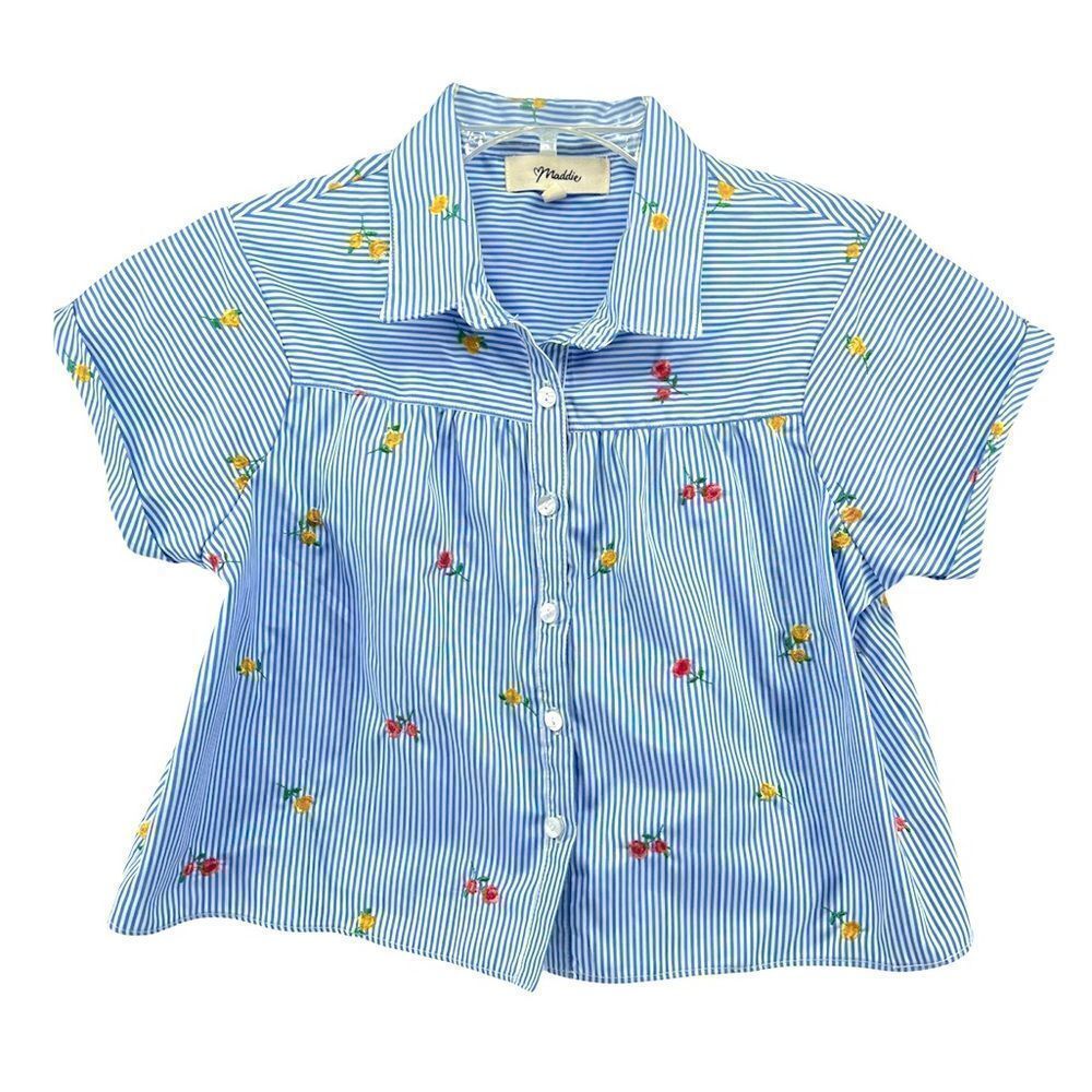 Maddie Girl’s Striped Floral Embroidered Button Front Short Sleeve Shirt XL